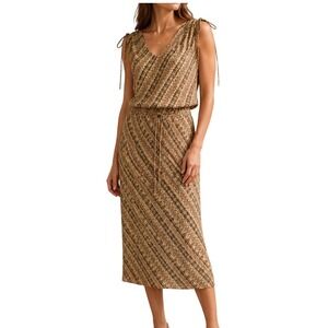 Vtg 100% Silk Two Piece Set Midi Skirt Top Sz 10 Brown Geometric Tie Shoulder 90